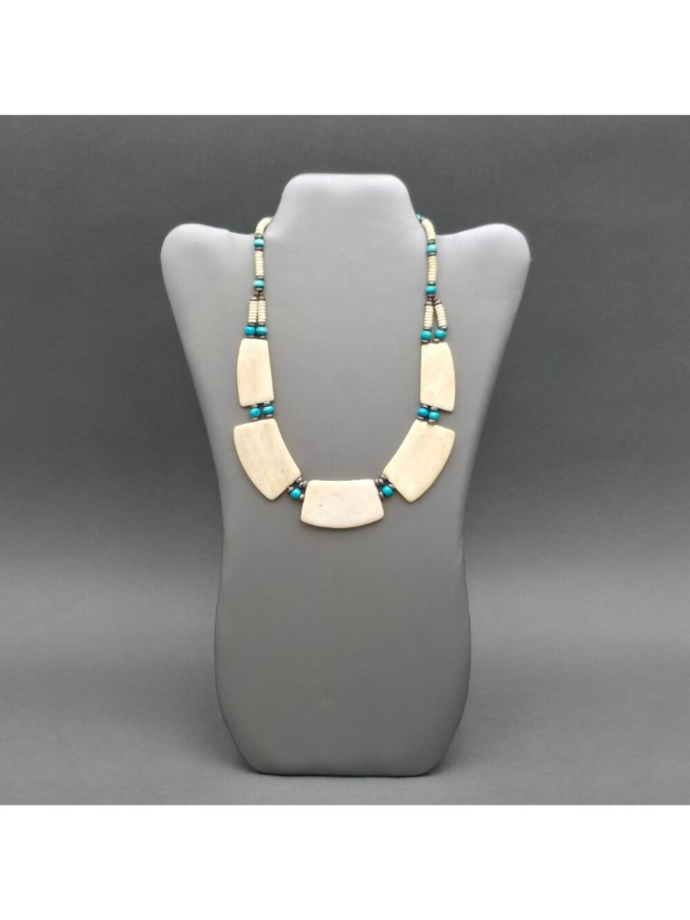 Vintage Southwestern Carved Bovine Bone Bib Statement Necklace 18" Blue Accents - Picture 13 of 13